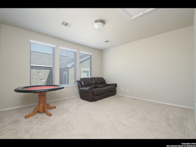 sitting room with light colored carpet