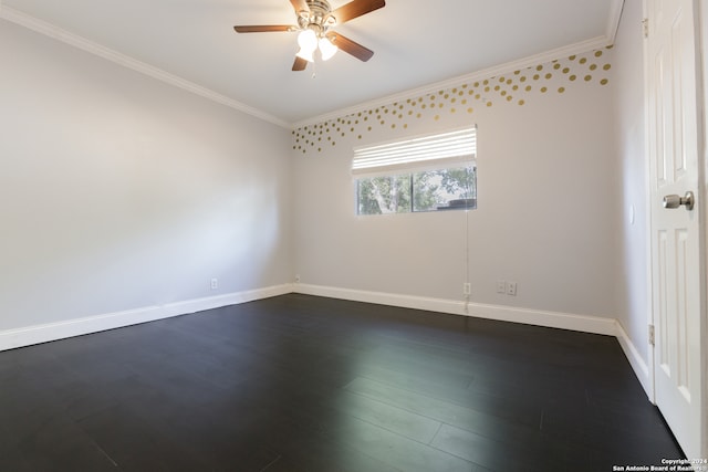 spare room featuring ceiling fan, crown molding, and dark hardwood / wood-style flooring