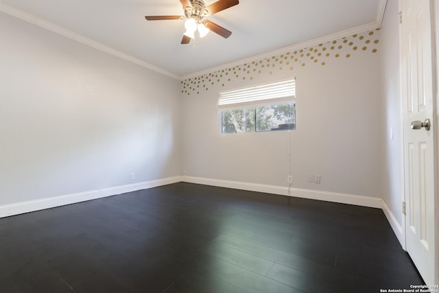 13618 Primwood St, San Antonio, TX 78233 - empty room featuring crown molding, a ceiling fan, baseboards, and dark wood-style floors