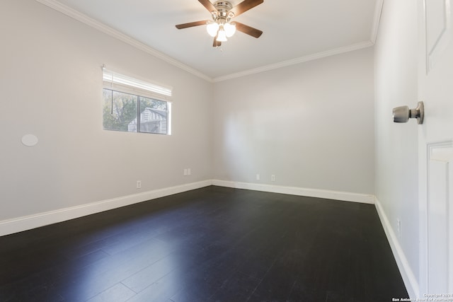 unfurnished room with ornamental molding, ceiling fan, and dark hardwood / wood-style floors