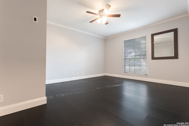 spare room with ornamental molding, hardwood / wood-style floors, and ceiling fan