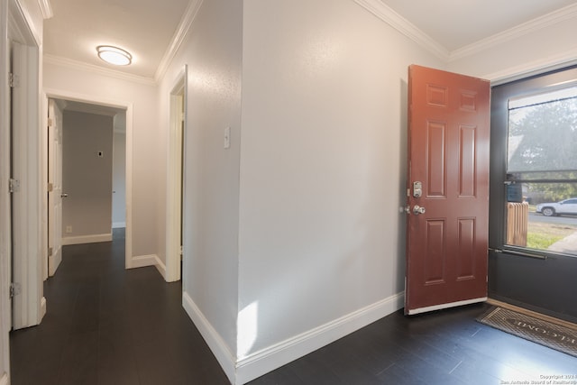 foyer entrance featuring ornamental molding and dark wood-type flooring