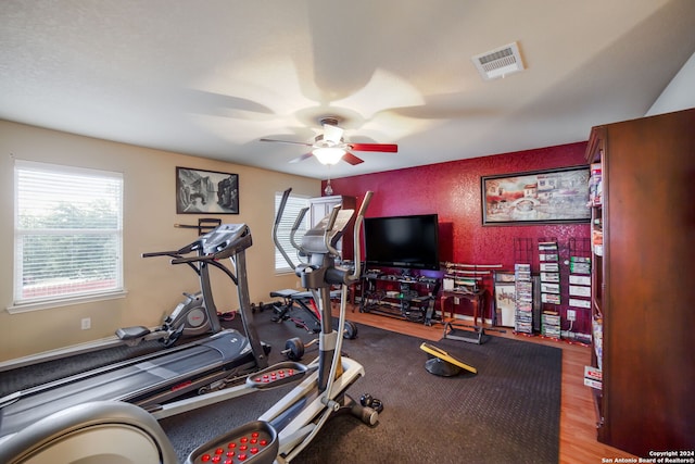 exercise room featuring wood-type flooring and ceiling fan