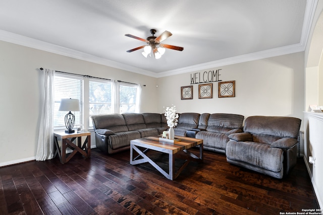 living room featuring ornamental molding, dark hardwood / wood-style flooring, and ceiling fan