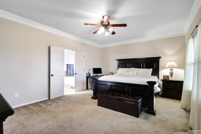 bedroom featuring light colored carpet, ceiling fan, and crown molding