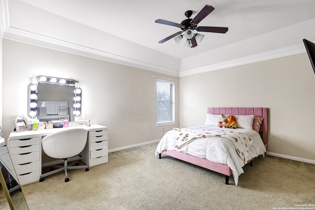 carpeted bedroom featuring ceiling fan and crown molding