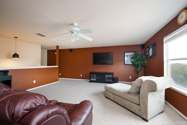 living room with carpet flooring and ceiling fan