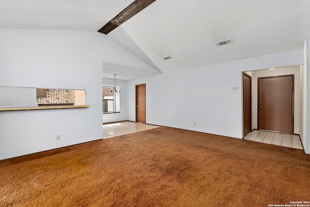 unfurnished living room with light colored carpet, a textured ceiling, an inviting chandelier, and lofted ceiling with beams