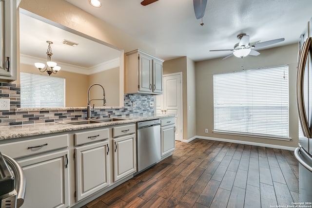 kitchen featuring sink, tasteful backsplash, ornamental molding, stainless steel dishwasher, and dark hardwood / wood-style flooring