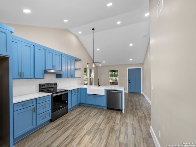 kitchen featuring dishwasher, kitchen peninsula, black / electric stove, hanging light fixtures, and sink