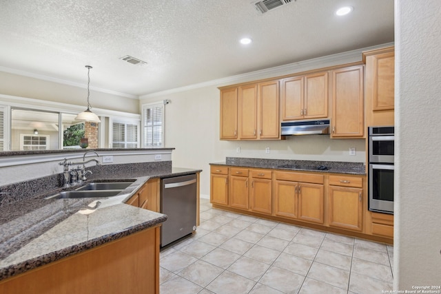 kitchen featuring stainless steel appliances, dark stone counters, hanging light fixtures, sink, and ornamental molding