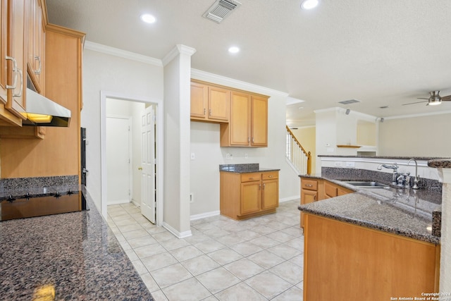 kitchen featuring ceiling fan, dark stone counters, crown molding, and light tile patterned flooring