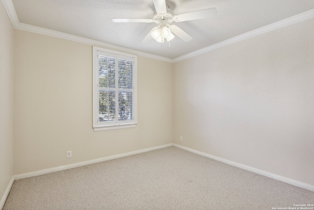 carpeted spare room featuring ornamental molding and ceiling fan