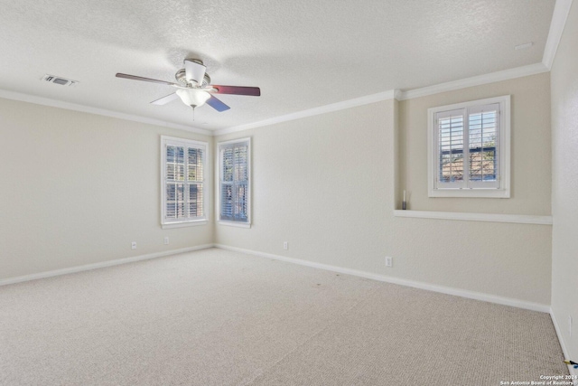24434 Brazos Stage, San Antonio, TX 78255 - unfurnished room with ornamental molding, carpet flooring, a ceiling fan, a textured ceiling, and baseboards