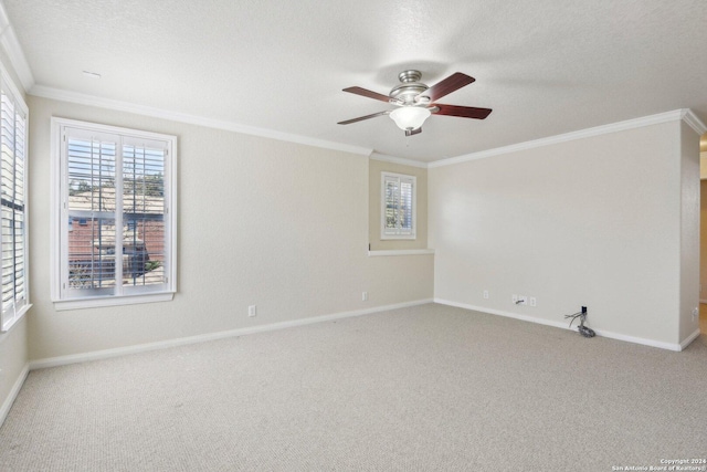 24434 Brazos Stage, San Antonio, TX 78255 - unfurnished room featuring carpet flooring, ceiling fan, baseboards, crown molding, and a textured ceiling