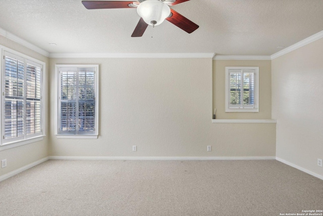 24434 Brazos Stage, San Antonio, TX 78255 - carpeted spare room with crown molding, baseboards, ceiling fan, and a textured ceiling