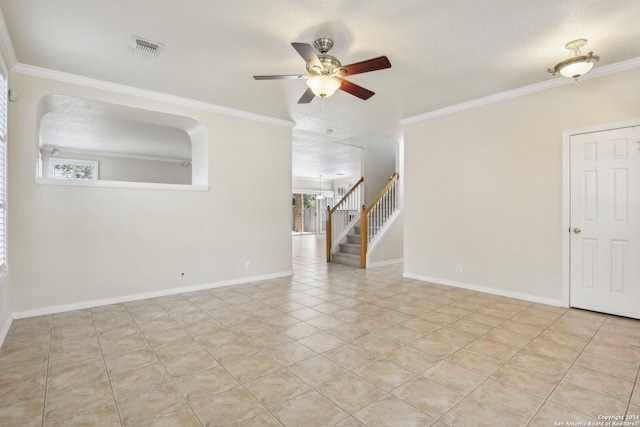 24434 Brazos Stage, San Antonio, TX 78255 - spare room with ceiling fan, stairs, ornamental molding, light tile patterned floors, and baseboards