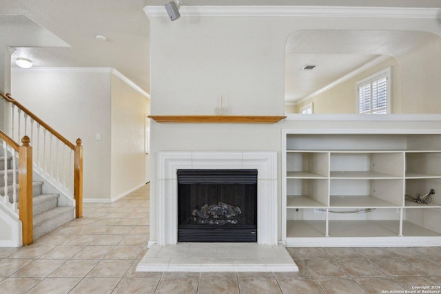 24434 Brazos Stage, San Antonio, TX 78255 - unfurnished living room featuring ornamental molding, tile patterned flooring, stairway, and built in shelves
