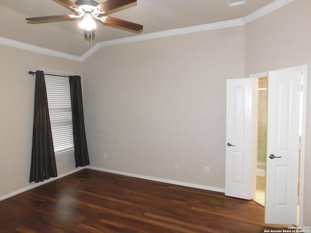 unfurnished room with dark hardwood / wood-style floors, ceiling fan, and ornamental molding