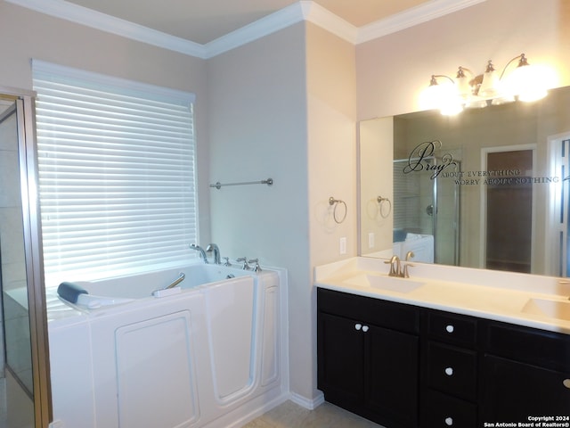 bathroom featuring vanity, crown molding, and independent shower and bath