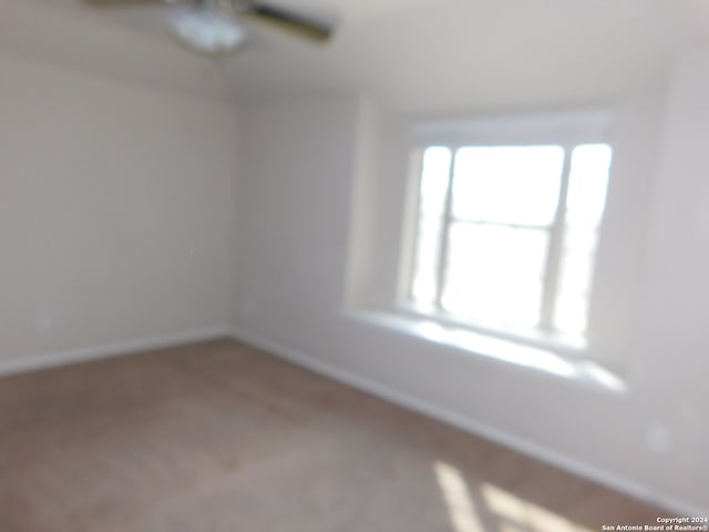 unfurnished room with ceiling fan and carpet