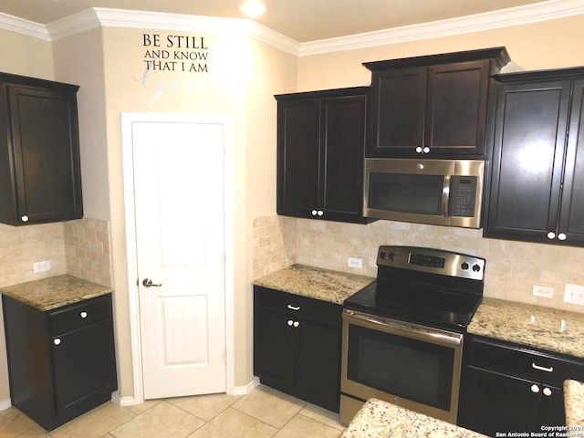 kitchen featuring decorative backsplash, light stone counters, ornamental molding, and stainless steel appliances