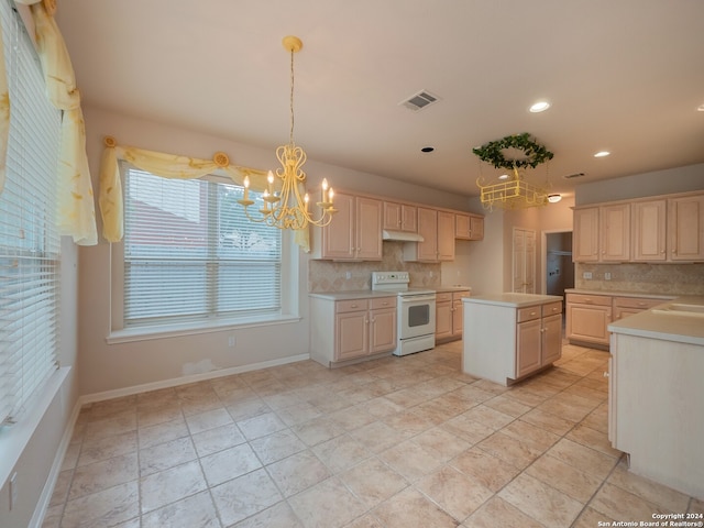 kitchen with pendant lighting, a center island, electric stove, tasteful backsplash, and light brown cabinets