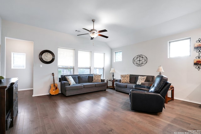 living room with dark hardwood / wood-style flooring, vaulted ceiling, and ceiling fan