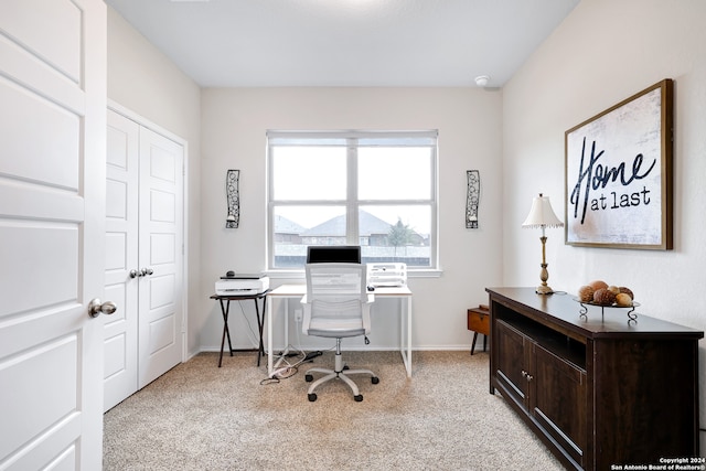 home office featuring light colored carpet