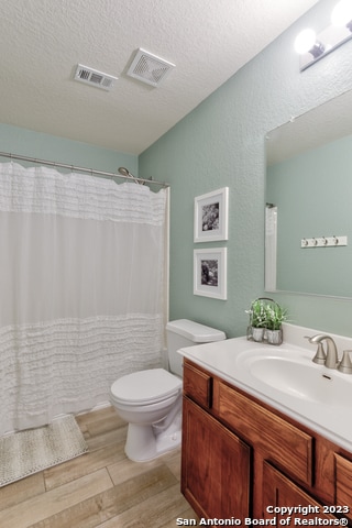 bathroom with toilet, vanity, wood-type flooring, and a textured ceiling