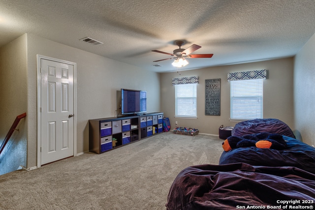 living room featuring carpet flooring, a textured ceiling, and ceiling fan