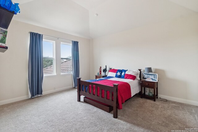 bedroom with carpet floors and vaulted ceiling