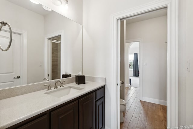 bathroom featuring wood-type flooring, toilet, and vanity