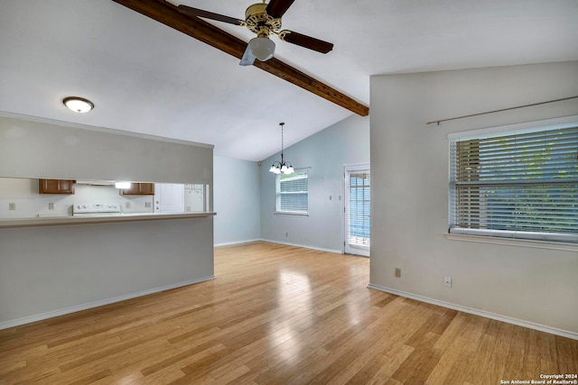 unfurnished living room featuring lofted ceiling with beams, a wealth of natural light, ceiling fan with notable chandelier, and light hardwood / wood-style flooring