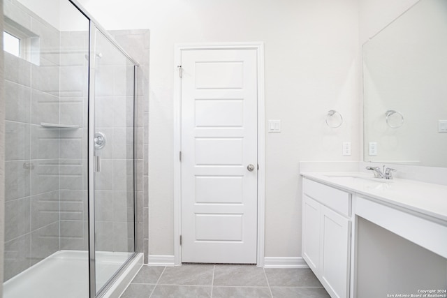 bathroom featuring walk in shower, vanity, and tile patterned floors