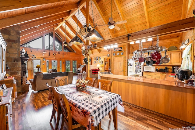 dining room with ceiling fan, hardwood / wood-style flooring, high vaulted ceiling, wooden ceiling, and beamed ceiling