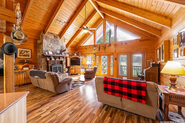 living room featuring a fireplace, hardwood / wood-style floors, high vaulted ceiling, and wood ceiling