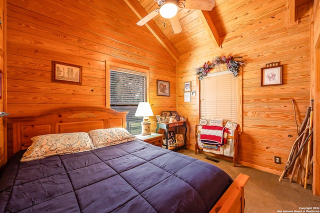 carpeted bedroom featuring lofted ceiling with beams, wooden ceiling, ceiling fan, and wooden walls