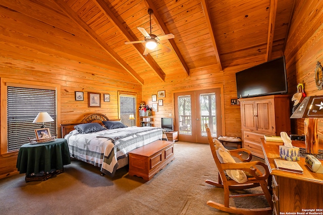 bedroom with light carpet, access to outside, french doors, wooden walls, and wood ceiling