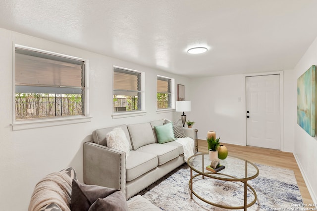 living room with a textured ceiling and light hardwood / wood-style floors