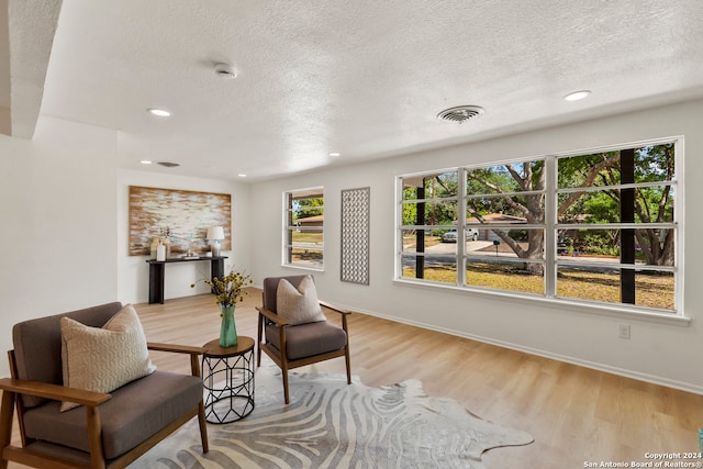 living room with a textured ceiling and light hardwood / wood-style floors