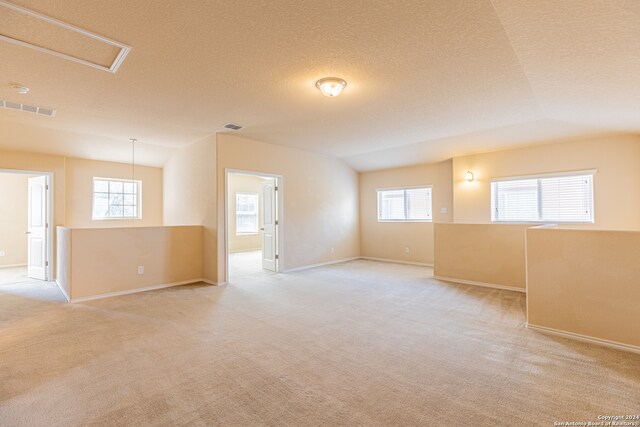 unfurnished room featuring light colored carpet and a textured ceiling