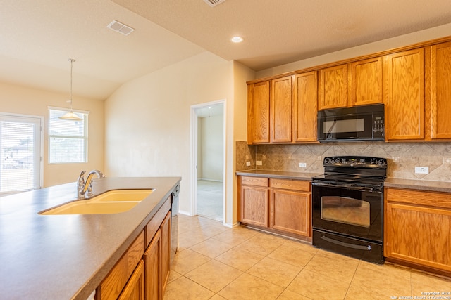 kitchen featuring black appliances, sink, backsplash, and vaulted ceiling