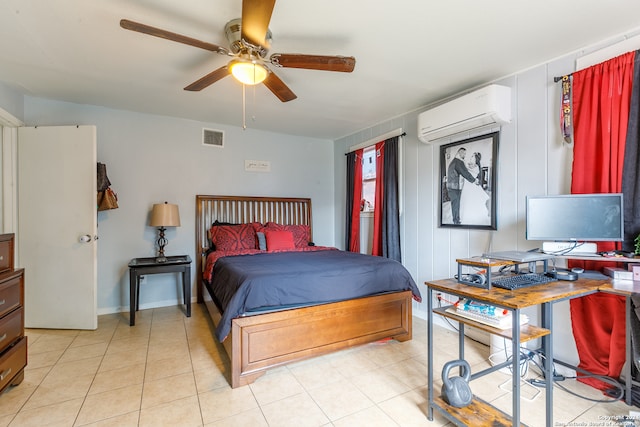 tiled bedroom featuring an AC wall unit and ceiling fan