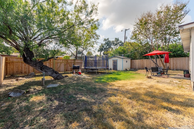 view of yard with a storage unit and a trampoline