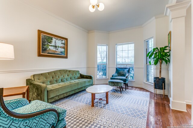 living room featuring wood-type flooring and crown molding