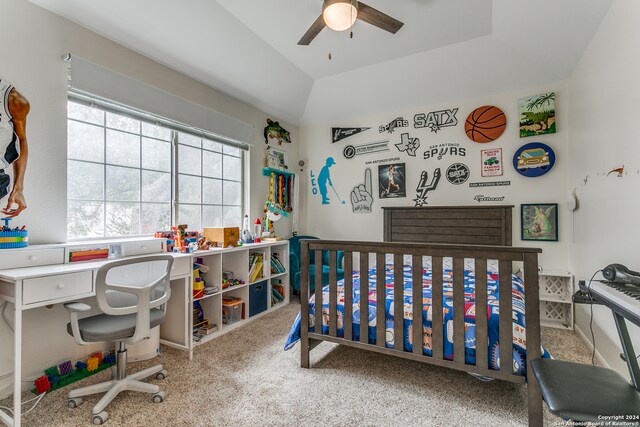 bedroom with carpet, lofted ceiling, and ceiling fan