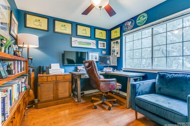 office with light hardwood / wood-style floors, ceiling fan, and a wealth of natural light