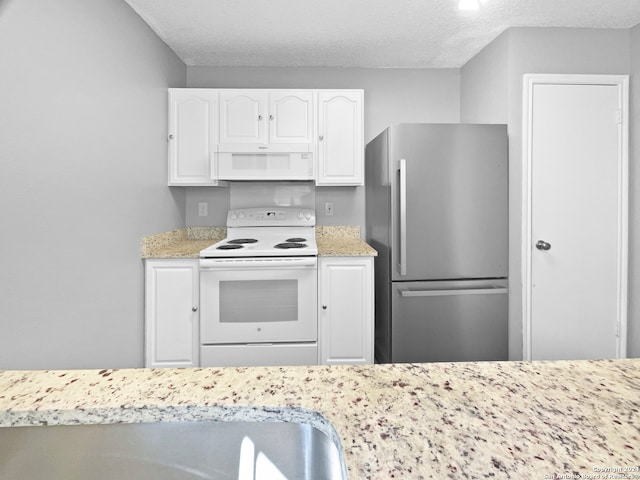 kitchen with white cabinetry, a textured ceiling, white appliances, and light stone countertops