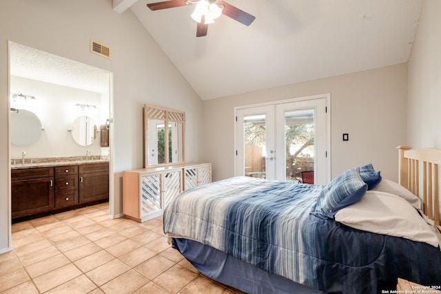 bedroom with multiple windows, access to outside, ceiling fan, and french doors